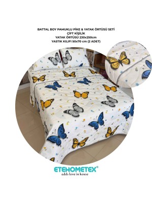 ETEHOMETEX Battal Boy Pamuklu Kapitoneli Yatak Örtüsü Seti KELEBEK MAVİ 8696474232099